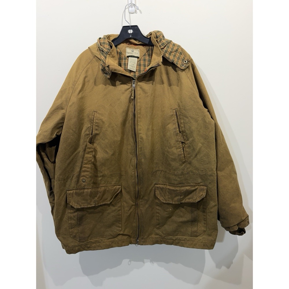 Beretta Waxed Canvas Field Jacket XXL Brown Hooded Plaid Liner Men's